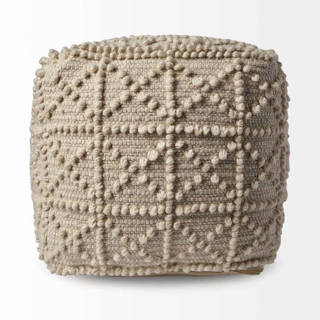 Ivory Wool Knubby Geometric Cube Pouf Ottoman - 18-inch