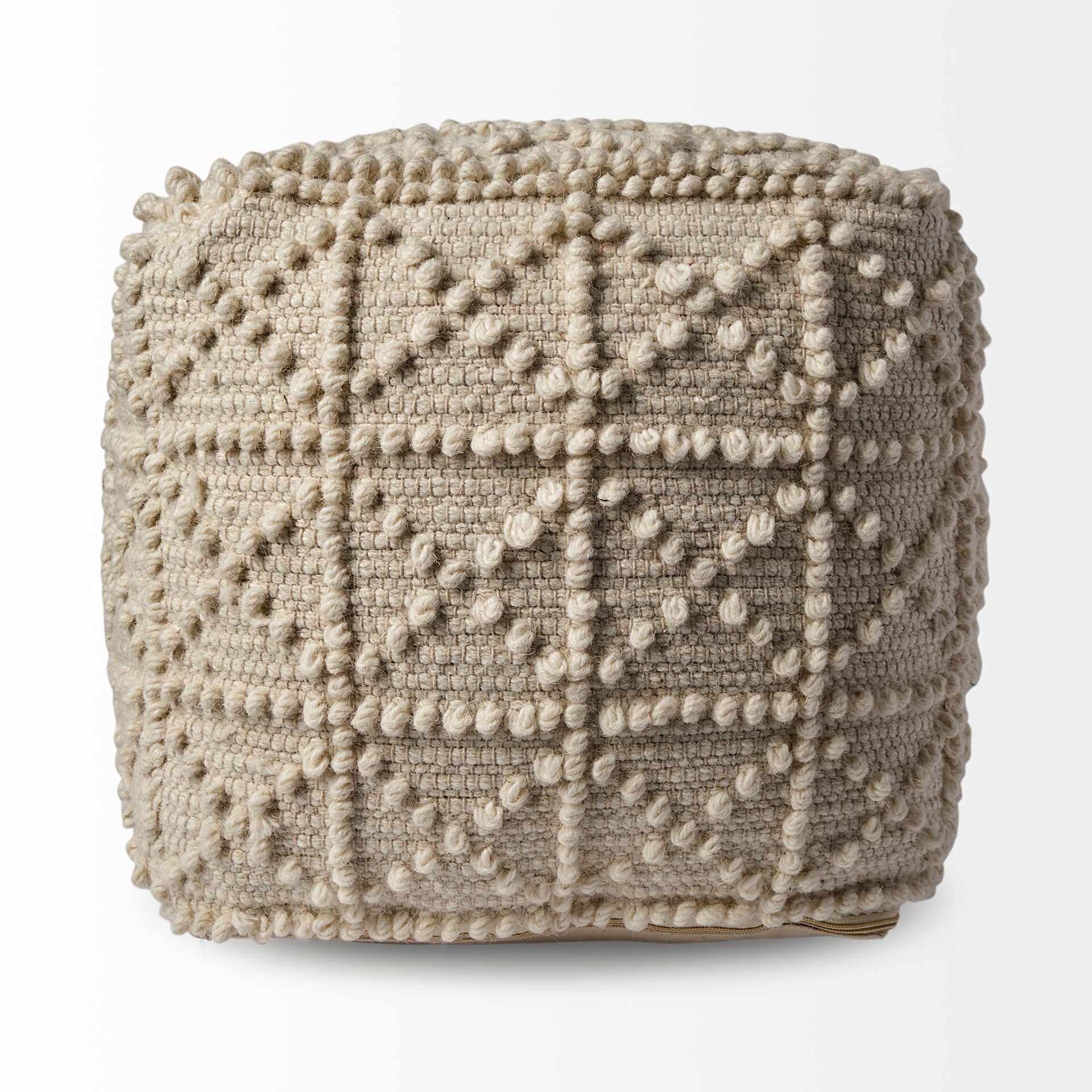 Ivory Wool Knubby Geometric Cube Pouf Ottoman - 18-inch