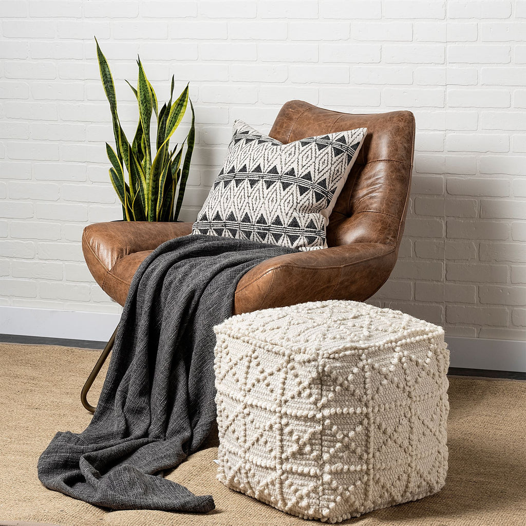 Ivory Wool Knubby Geometric Cube Pouf Ottoman - 18-inch