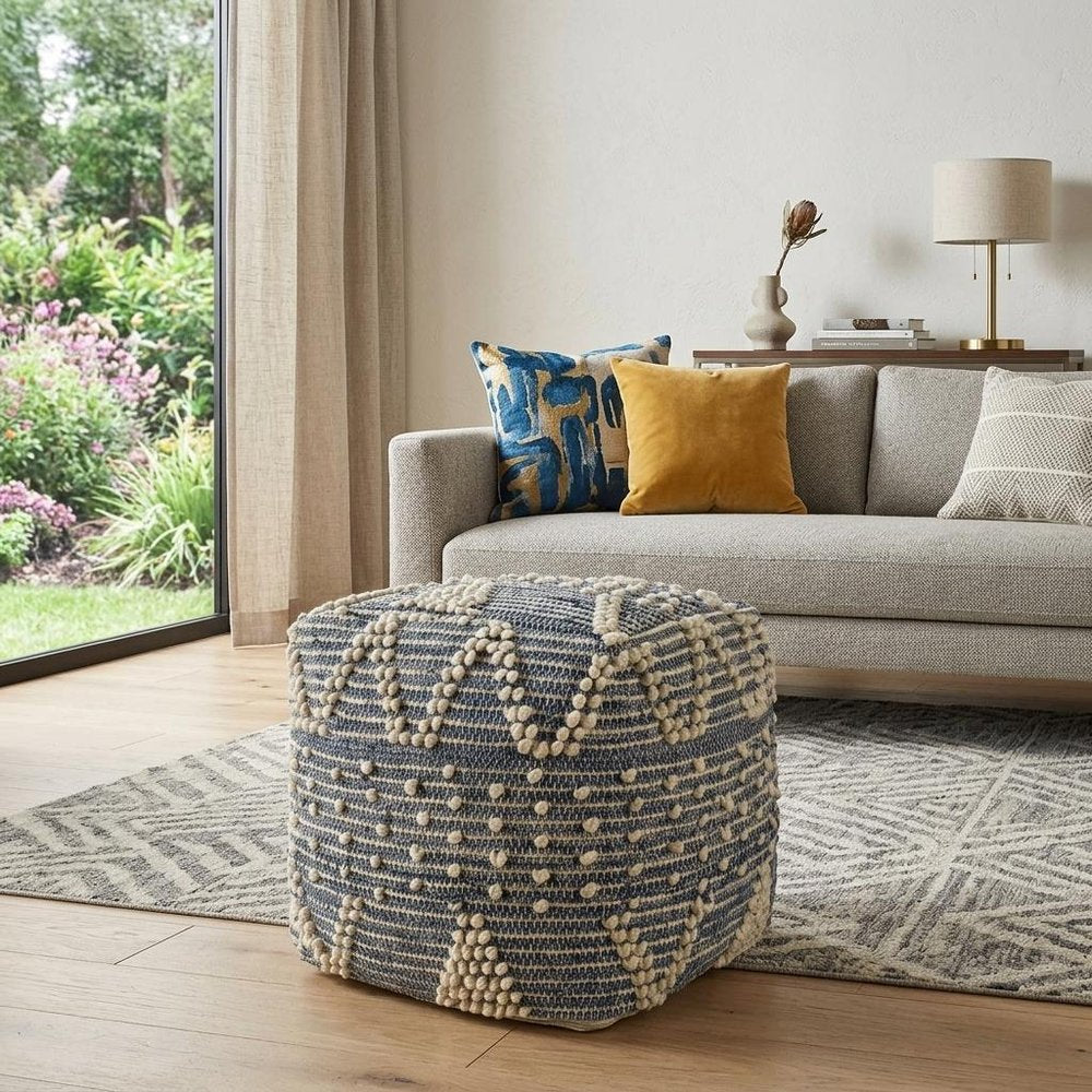 Blue Geometric Pouf Ottoman - 18-inch