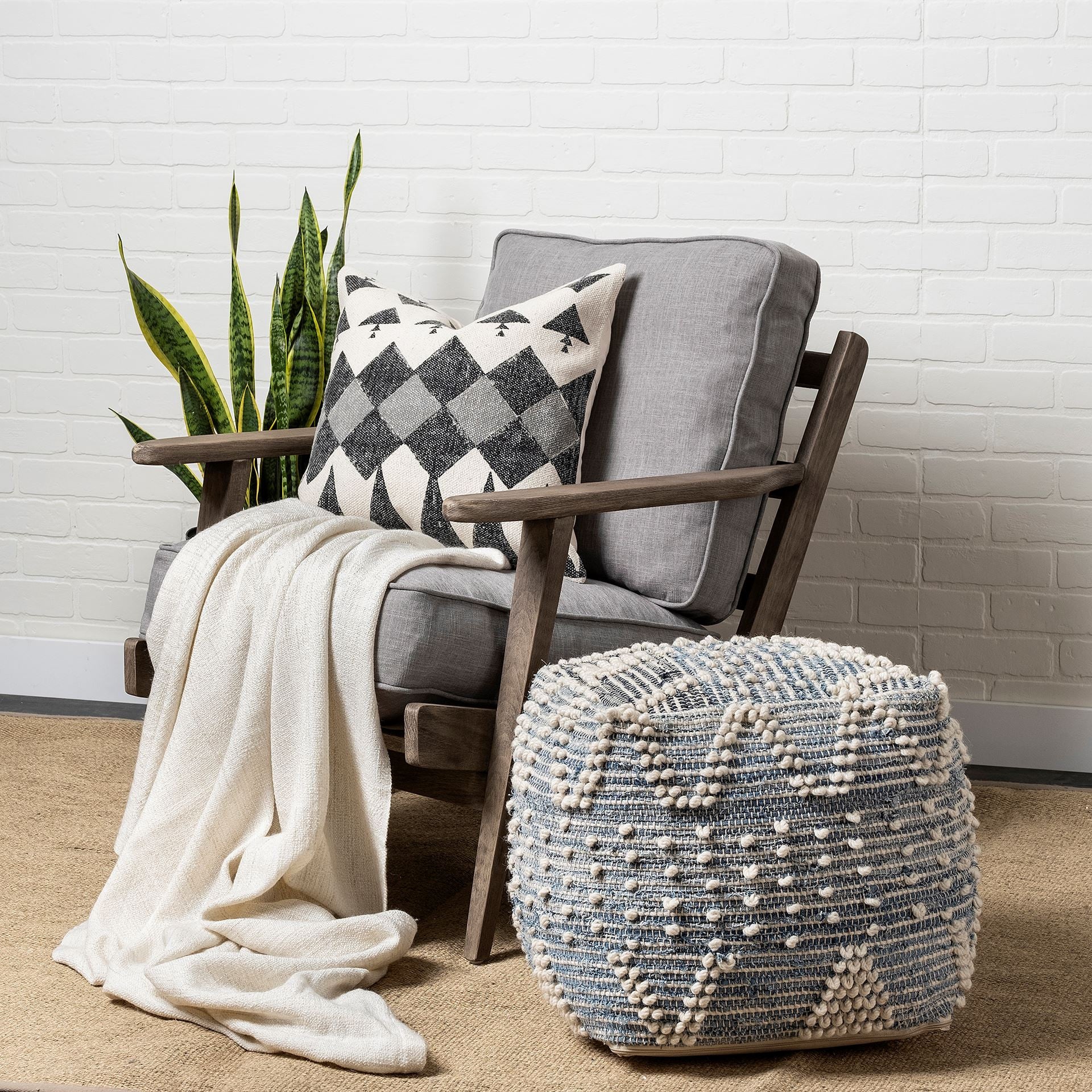 Blue Geometric Pouf Ottoman - 18-inch