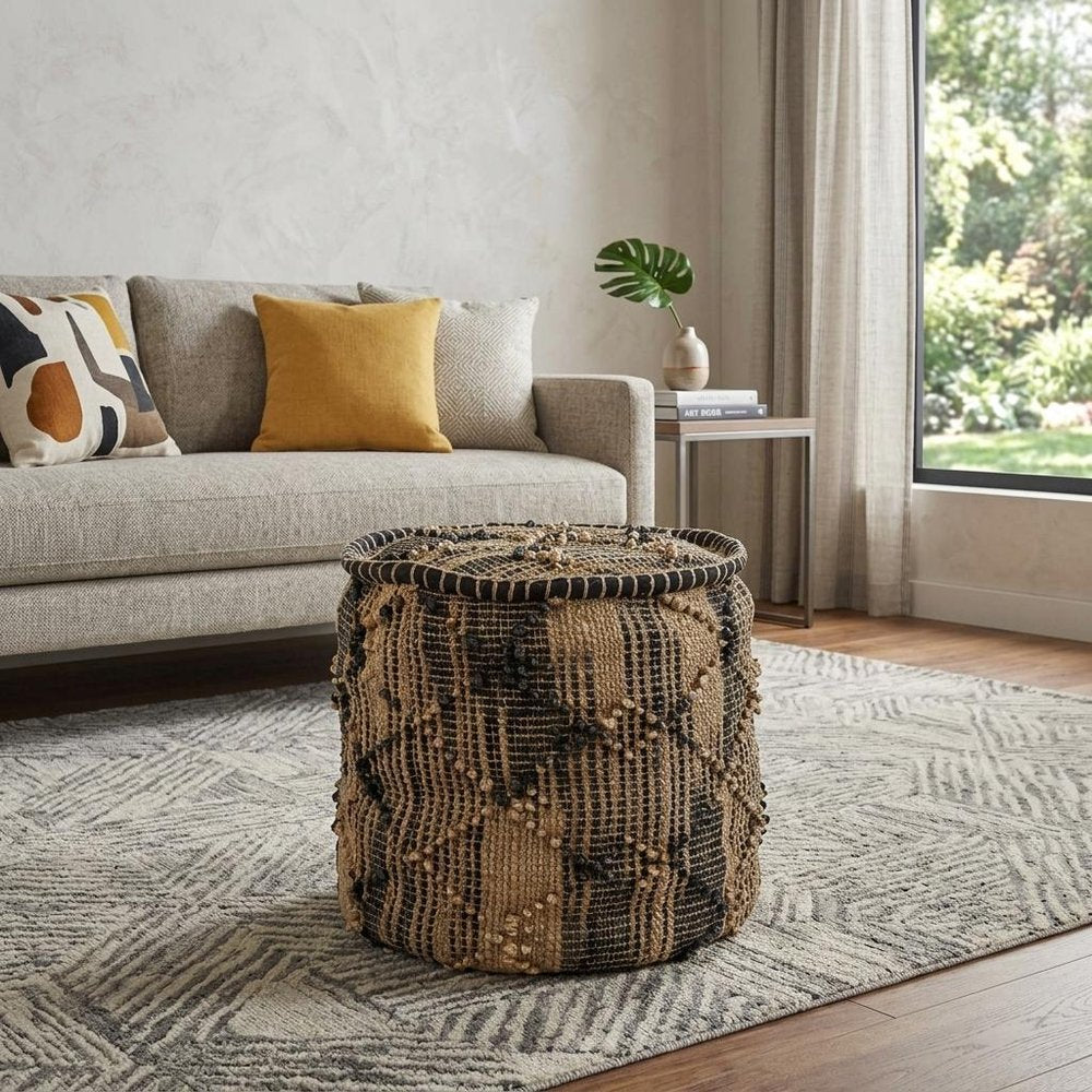 Jute Cylinder Geometric Pouf Ottoman - 20-inch