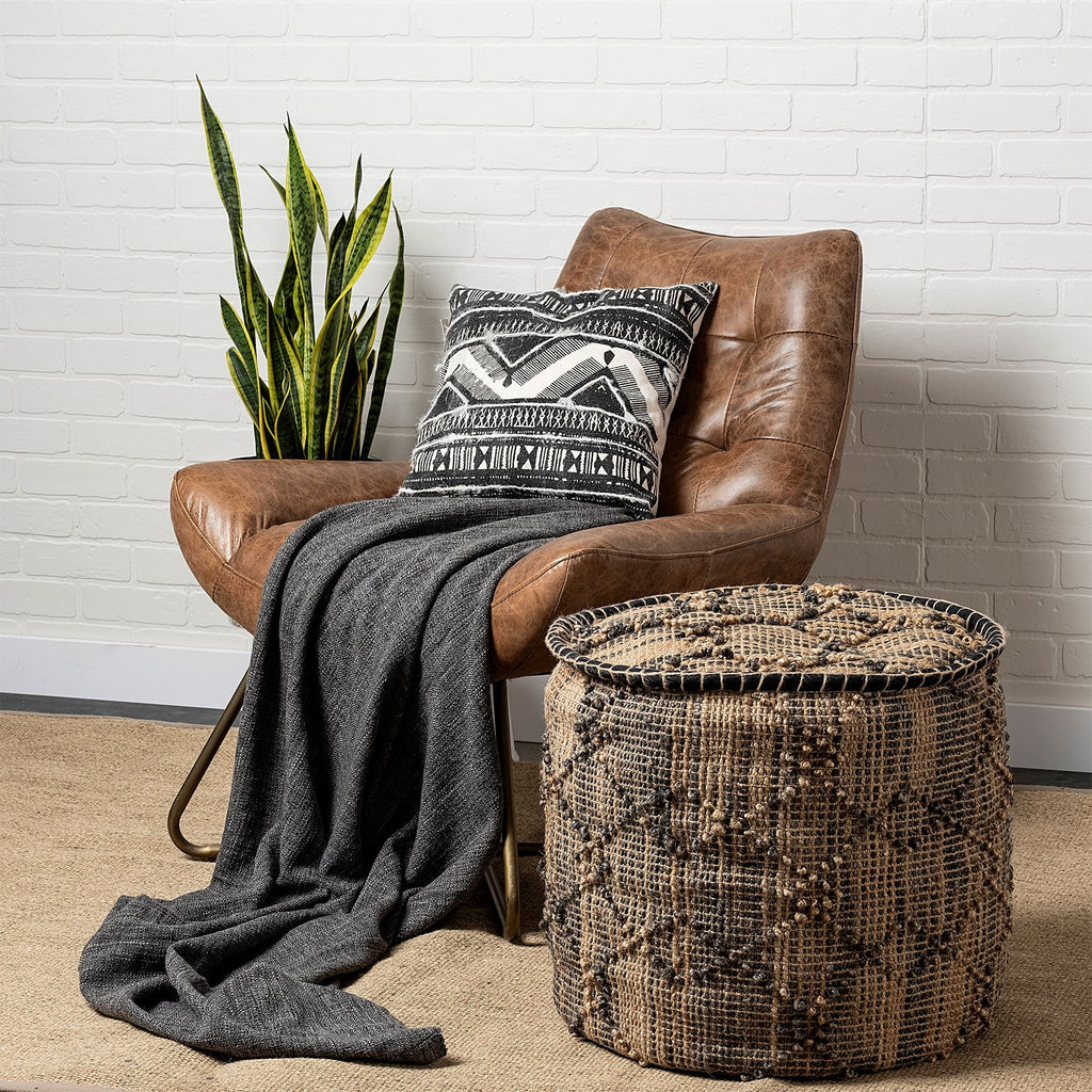 Jute Cylinder Geometric Pouf Ottoman - 20-inch