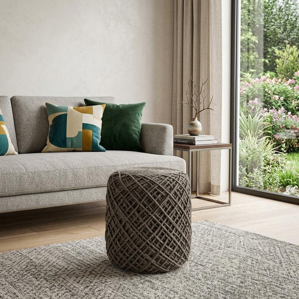 Brown Upholstery Cylinder Abstract Pouf Ottoman - 16-inch