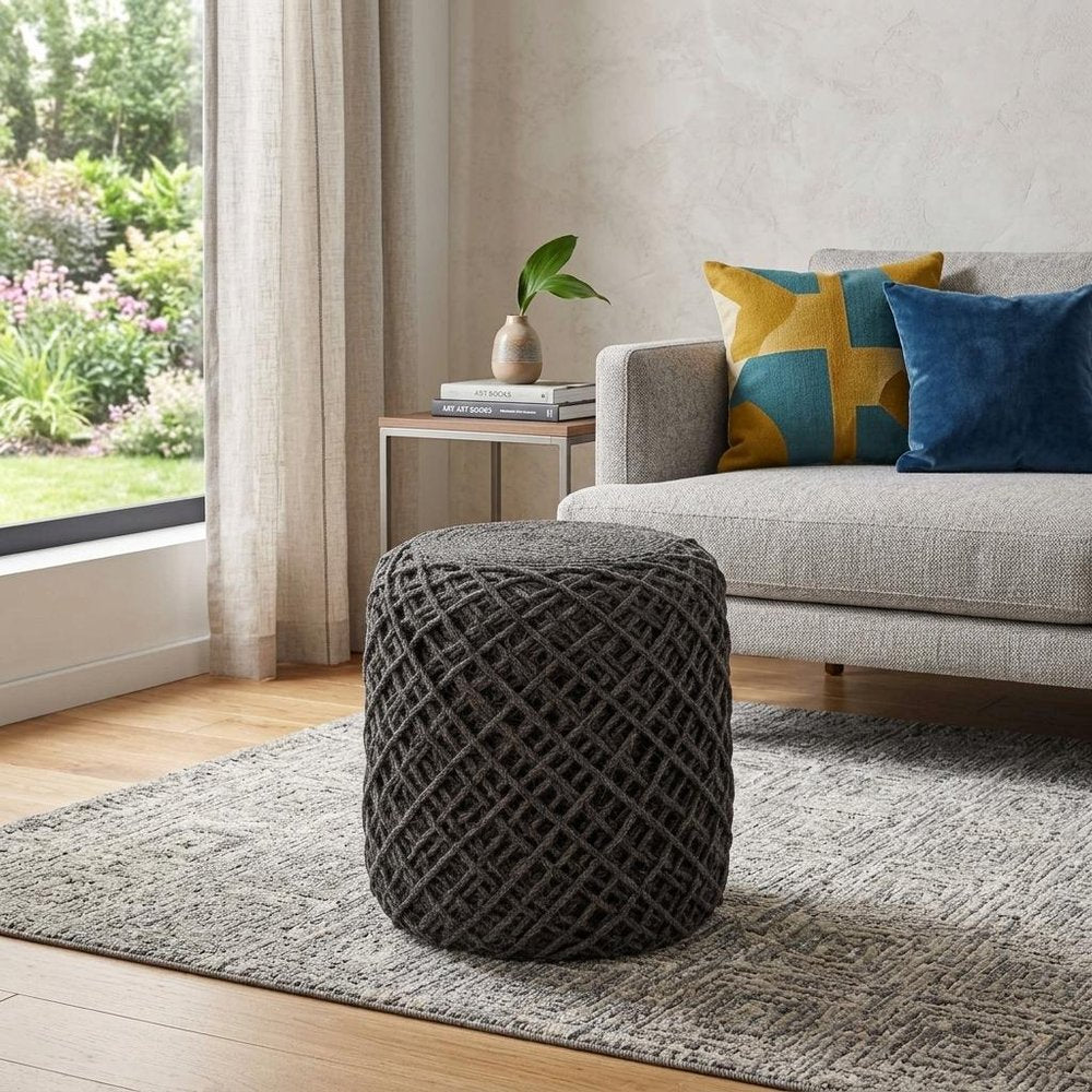 Gray Upholstery Cylinder Abstract Pouf Ottoman - 16-inch