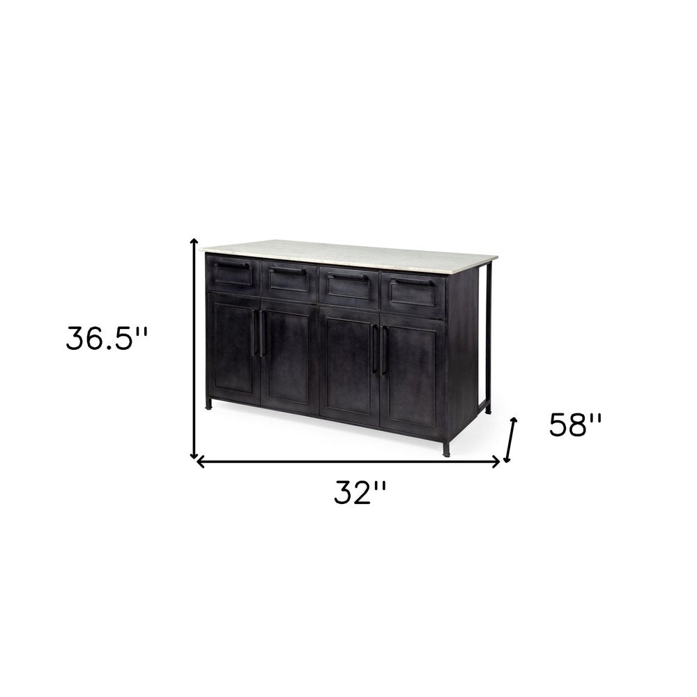 Solid Iron Black Body White Marble Top Kitchen Island with 4 Drawer