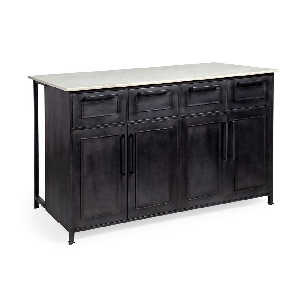 Solid Iron Black Body White Marble Top Kitchen Island with 4 Drawer