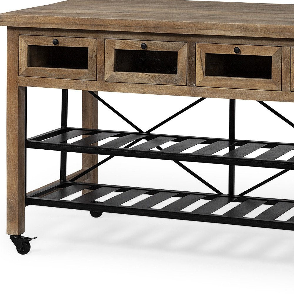 Brown Solid Wood Top Kitchen Island with Two Tier Black Metal Rolling