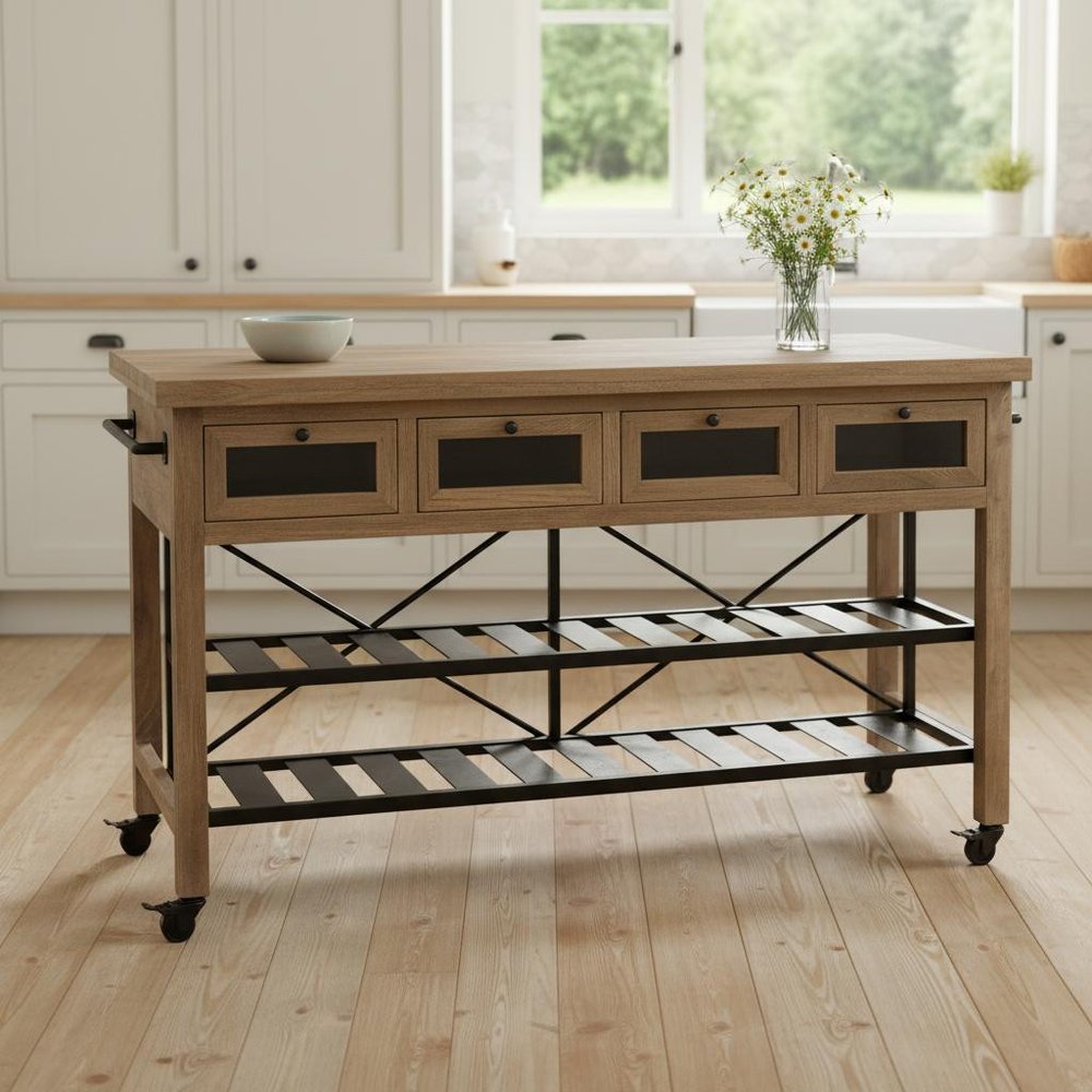 Brown Solid Wood Top Kitchen Island with Two Tier Black Metal Rolling