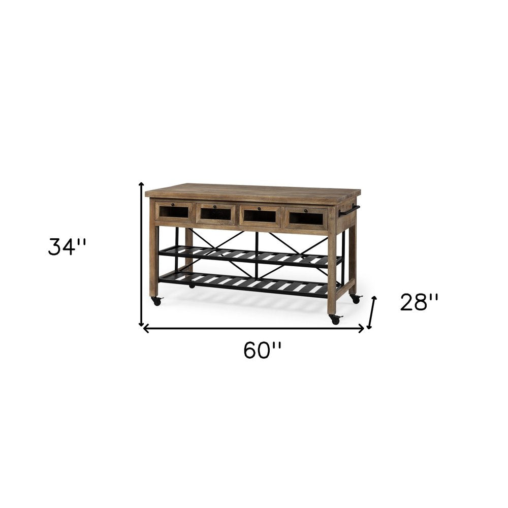 Brown Solid Wood Top Kitchen Island with Two Tier Black Metal Rolling