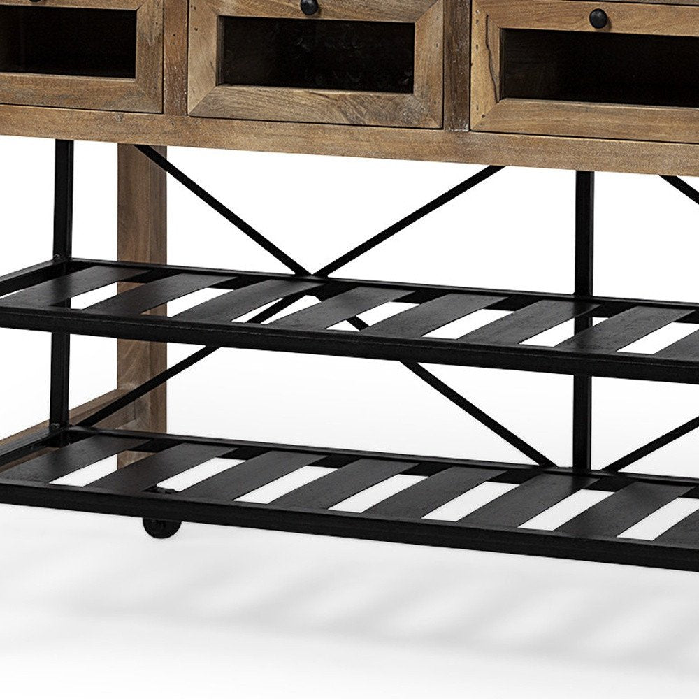Brown Solid Wood Top Kitchen Island with Two Tier Black Metal Rolling