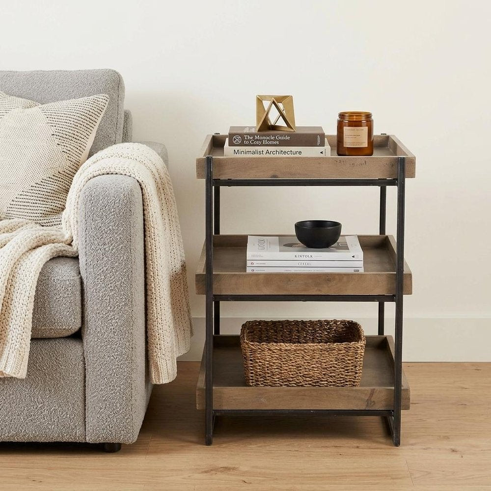 Brown Solid Wood Square End Table with Two Shelves - 26-inch