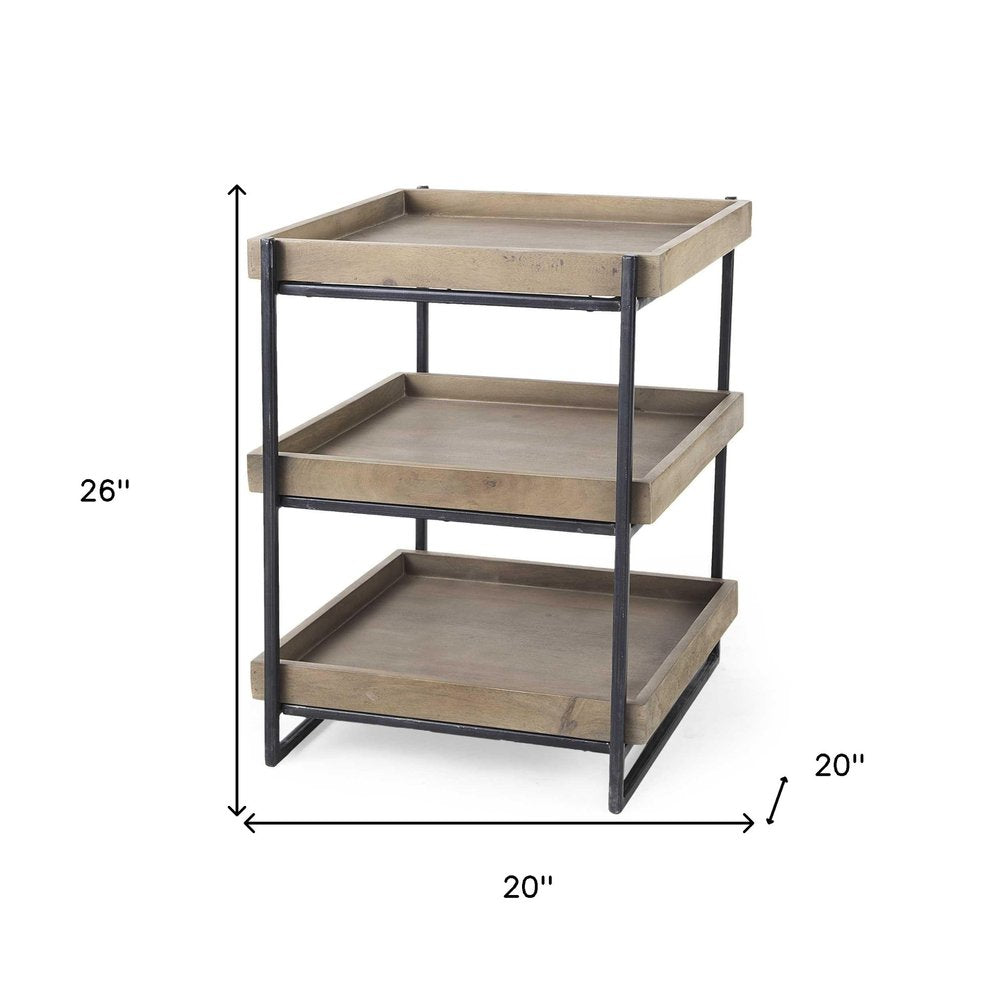 Brown Solid Wood Square End Table with Two Shelves - 26-inch