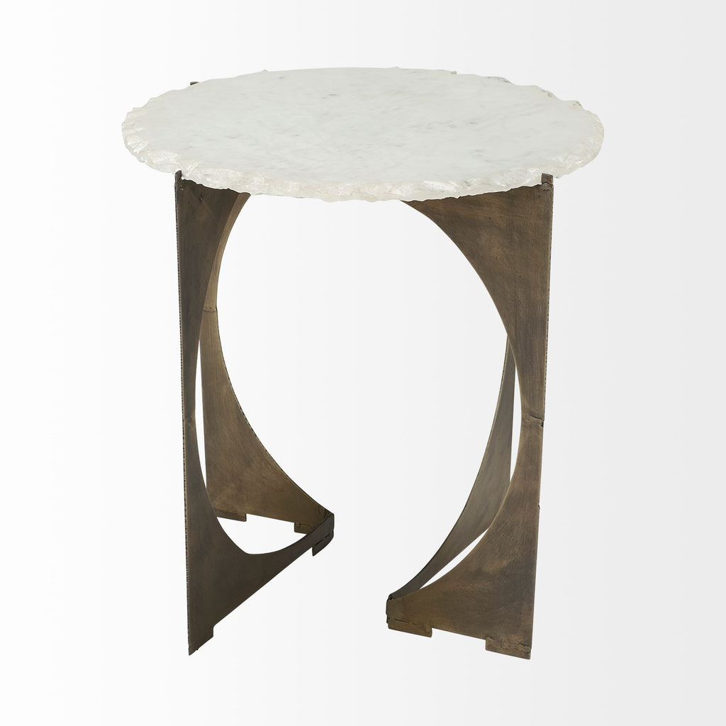 Brown and White Marble Round End Table - 21-inch