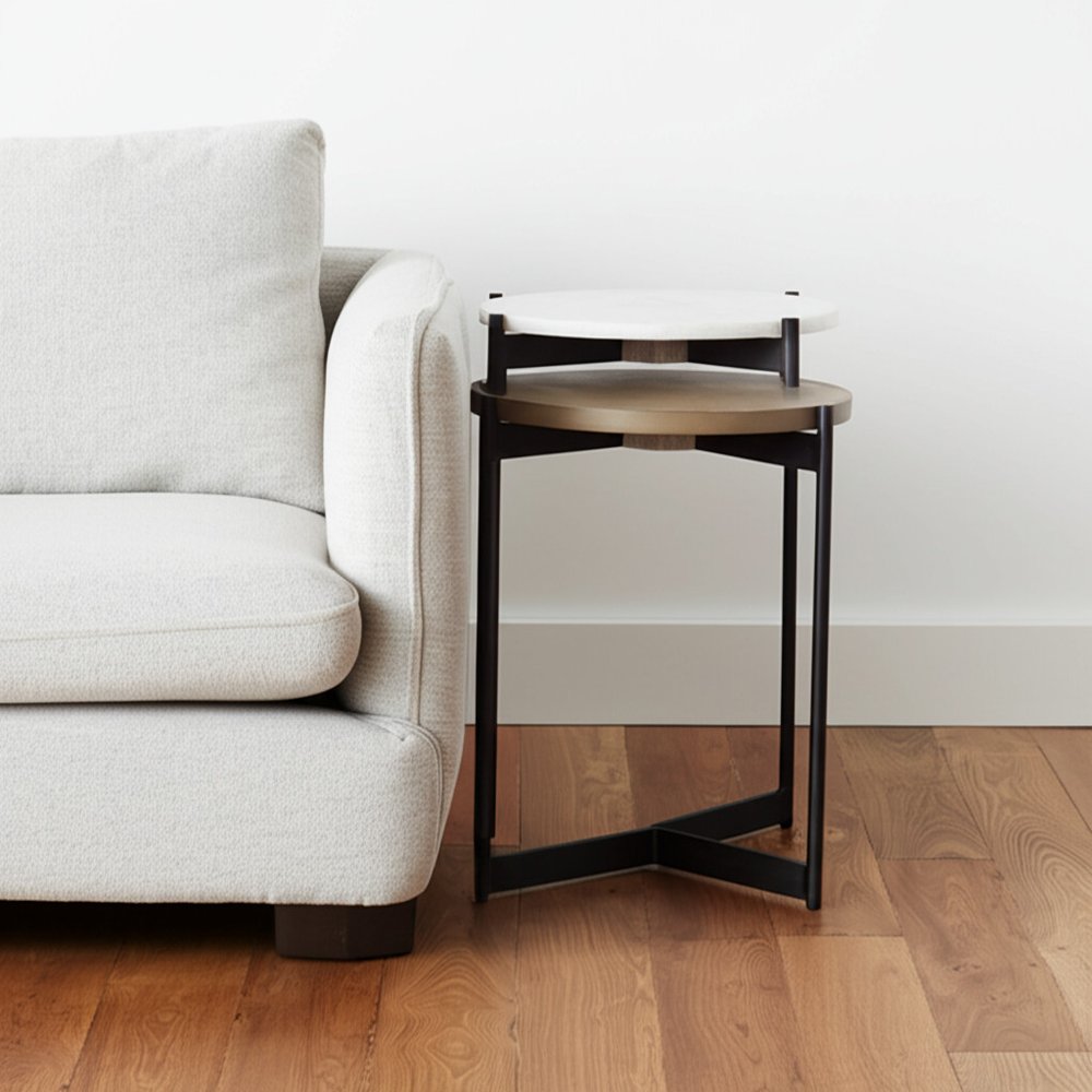 Brown and White Glass Round End Table - 24-inch