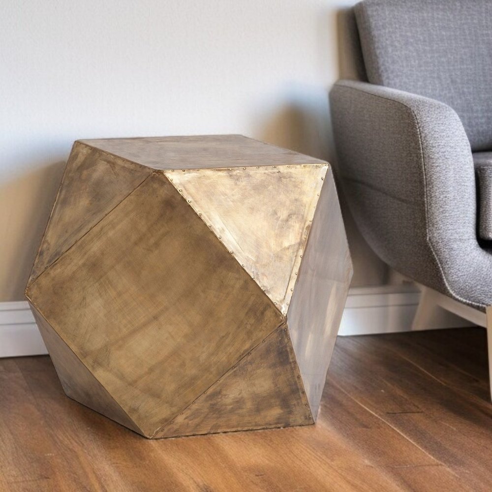 Brass Distressed Brass Square Block End Table - 19-inch