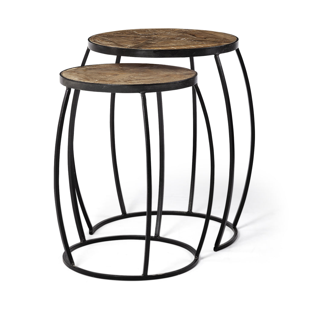 Set of Two 26 Black and Brown Solid Wood Round End Table