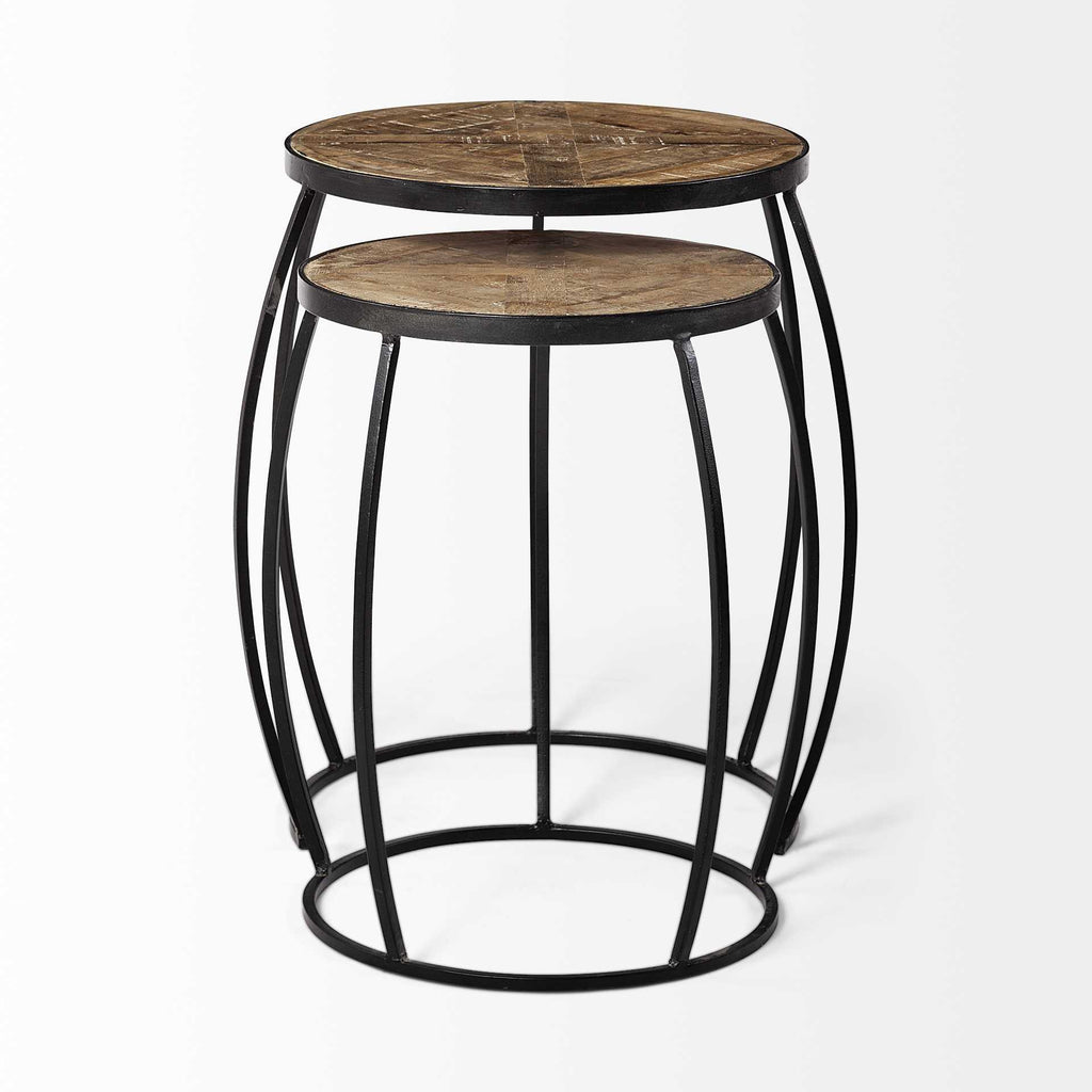 Set of Two 26 Black and Brown Solid Wood Round End Table
