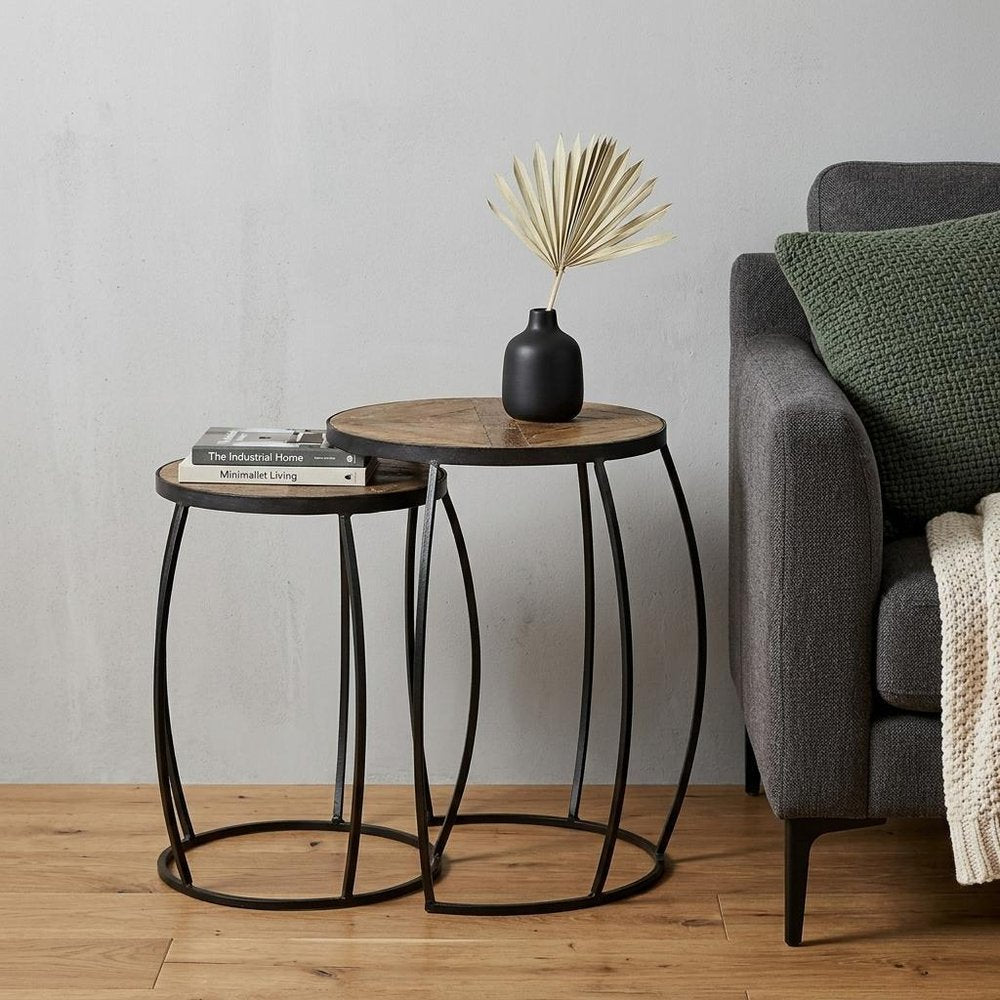 Set of Two 26 Black and Brown Solid Wood Round End Table