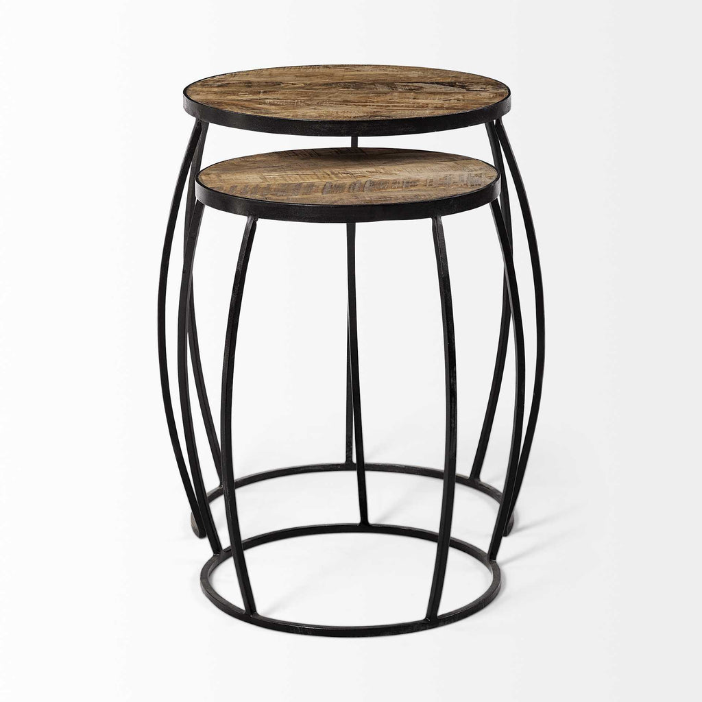 Set of Two 26 Black and Brown Solid Wood Round End Table
