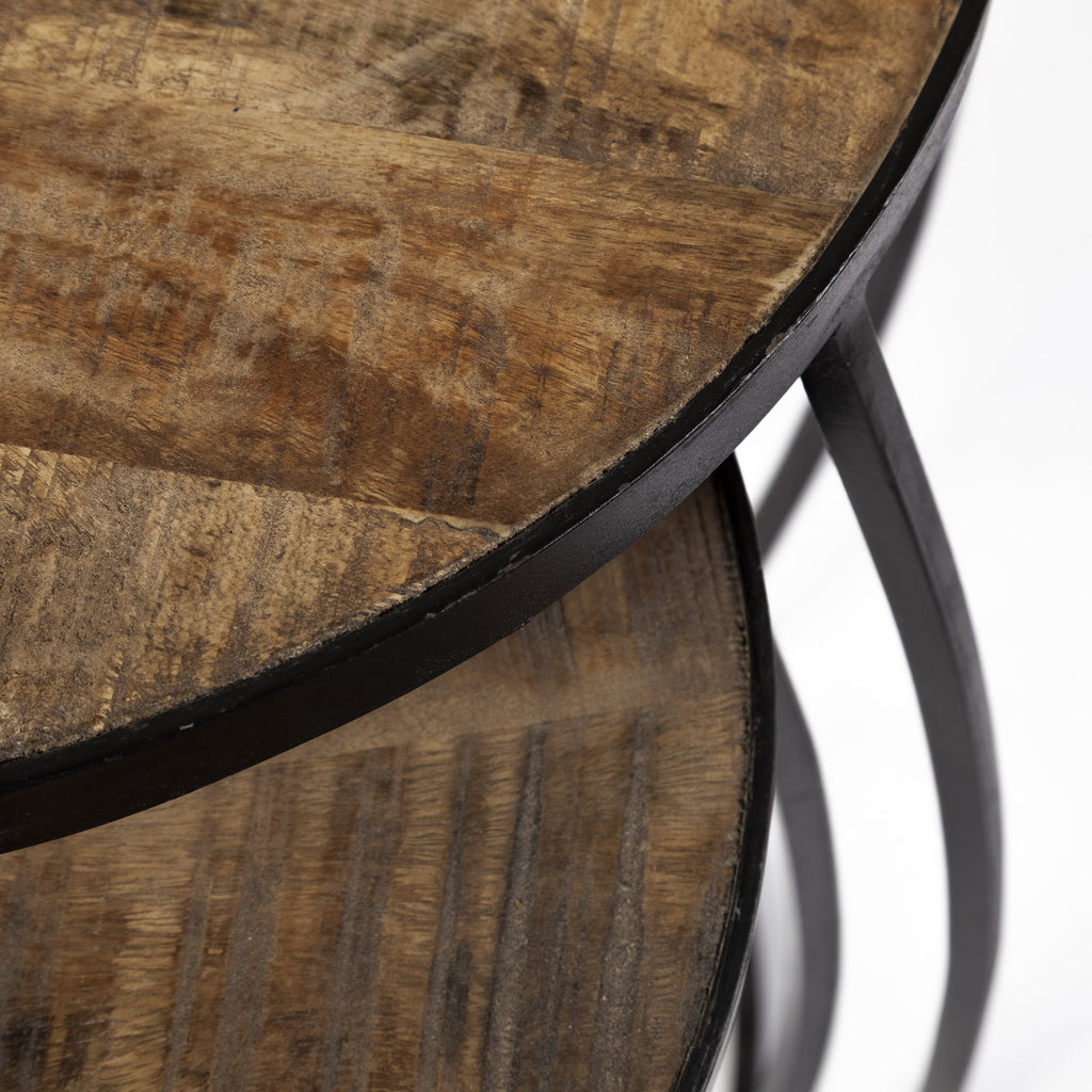 Set of Two 26 Black and Brown Solid Wood Round End Table