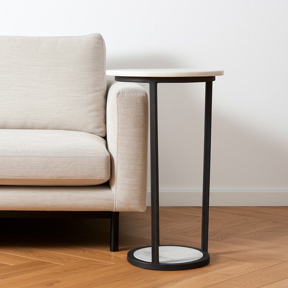 Black and White Marble Round End Table - 21-inch