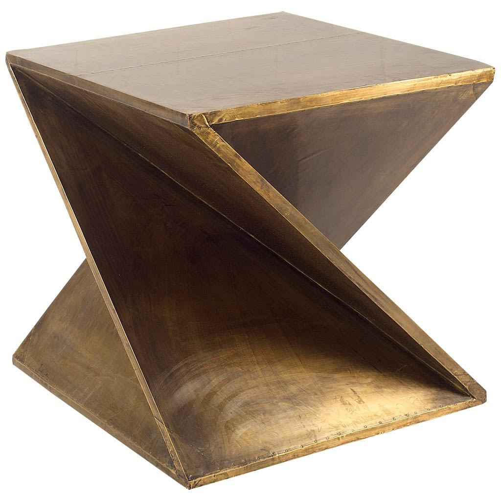 Brass Clad Distressed Wood Abstract End Table - 21-inch
