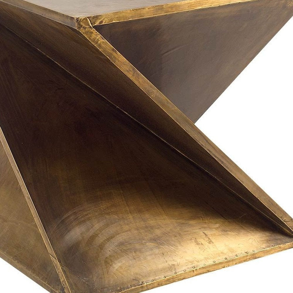 Brass Clad Distressed Wood Abstract End Table - 21-inch