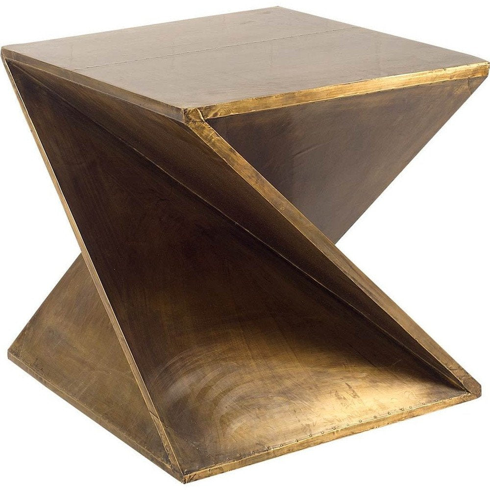 Brass Clad Distressed Wood Abstract End Table - 21-inch