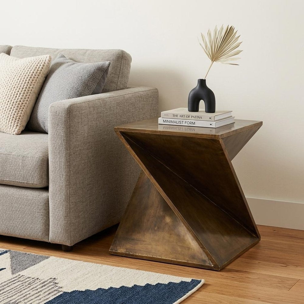 Brass Clad Distressed Wood Abstract End Table - 21-inch