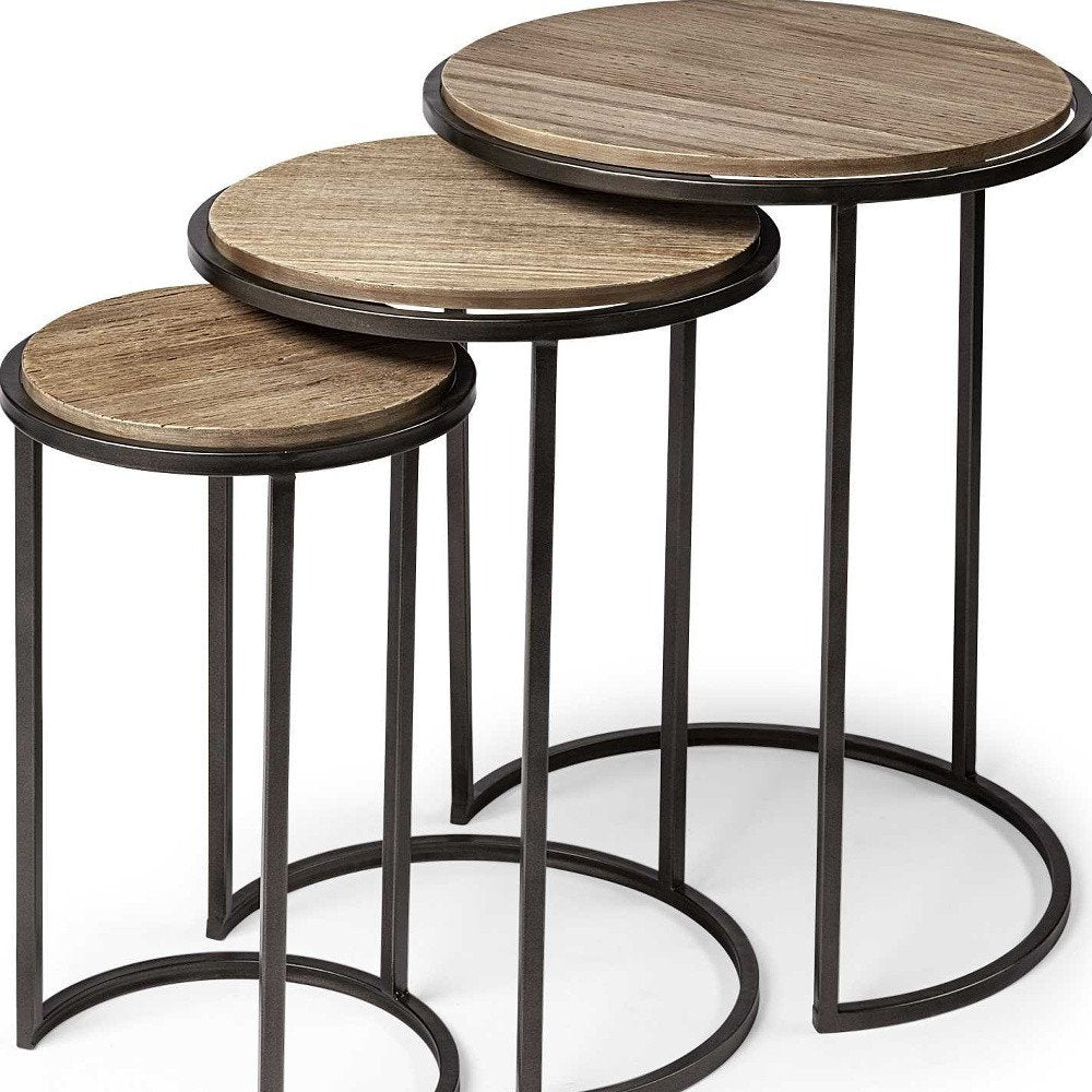 Set of Three 27 Black and Brown Solid Wood Round End Table