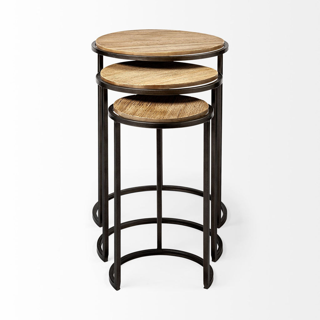 Set of Three 27 Black and Brown Solid Wood Round End Table