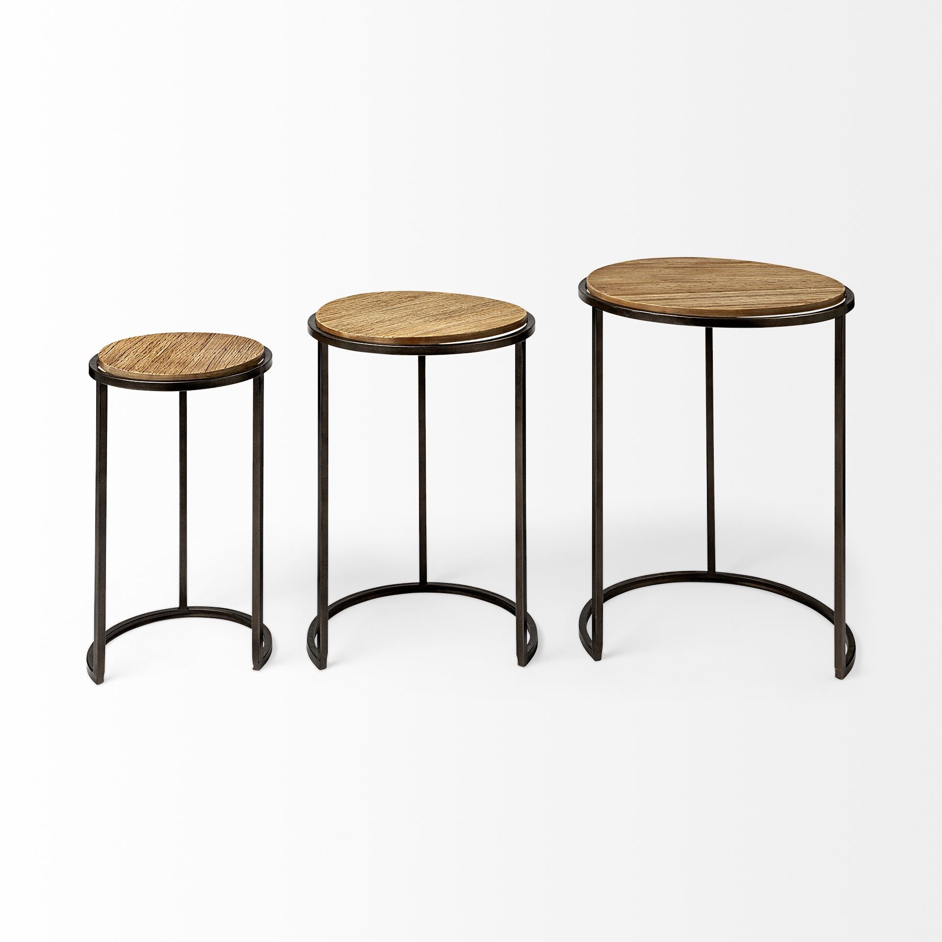 Set of Three 27 Black and Brown Solid Wood Round End Table