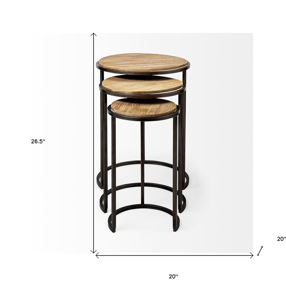 Set of Three 27 Black and Brown Solid Wood Round End Table