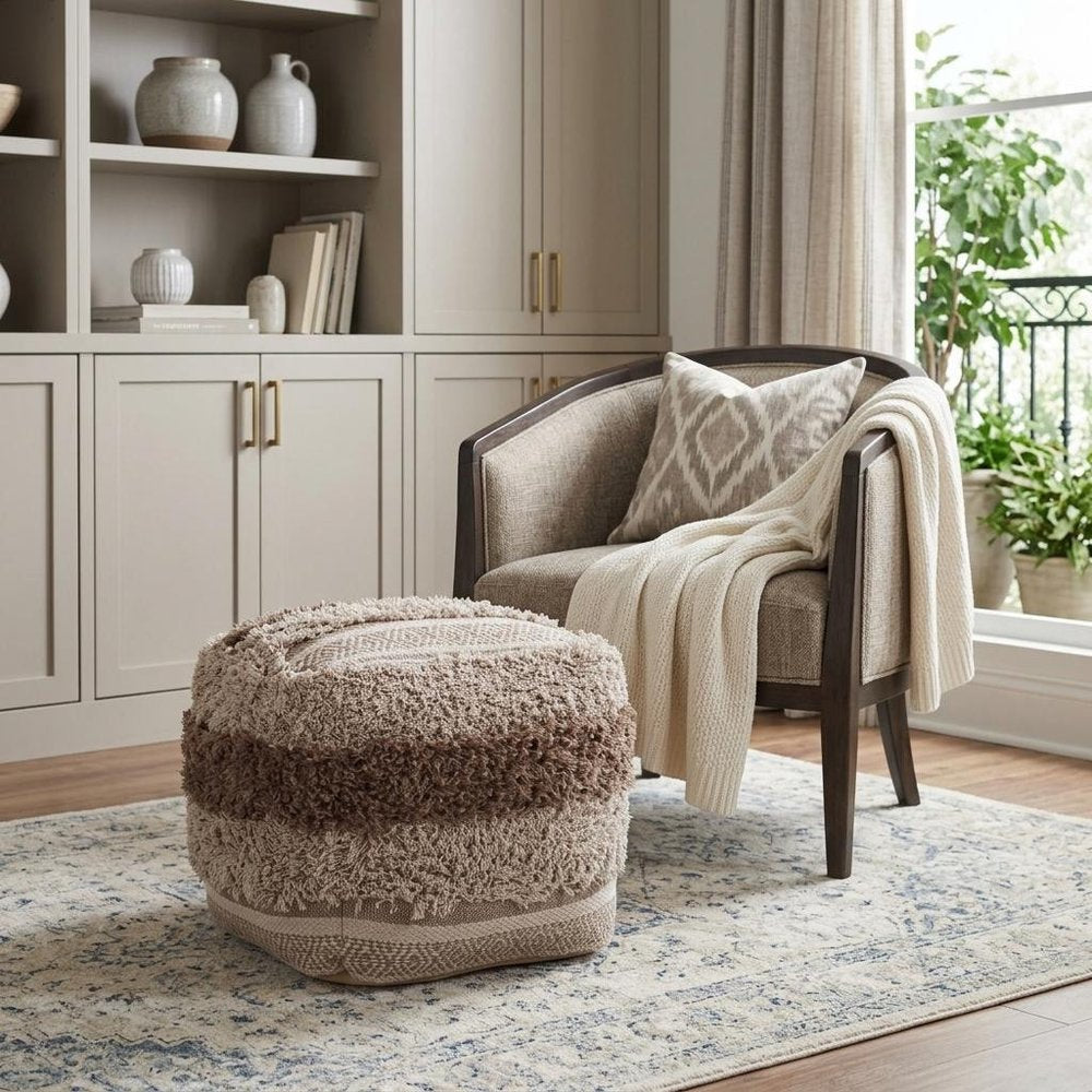Beige Striped Pouf Ottoman - 18-inch