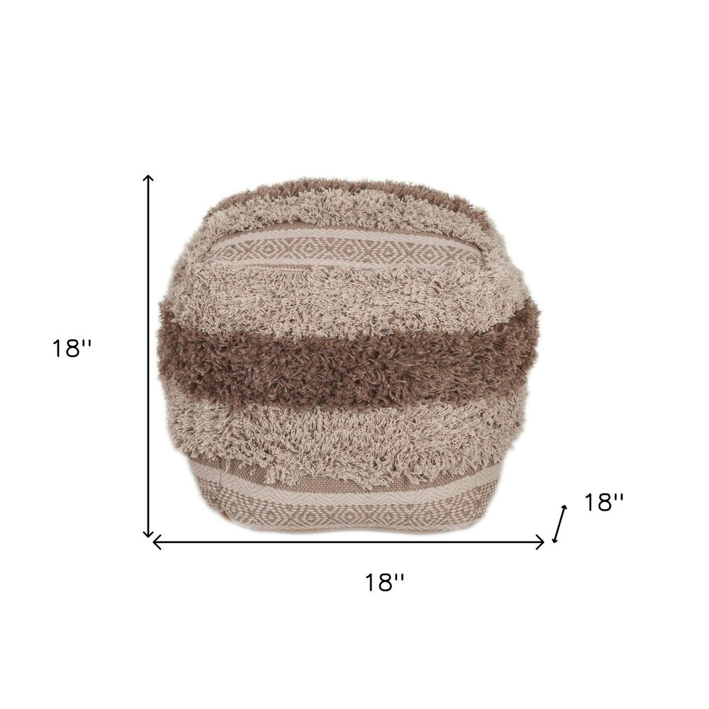 Beige Striped Pouf Ottoman - 18-inch
