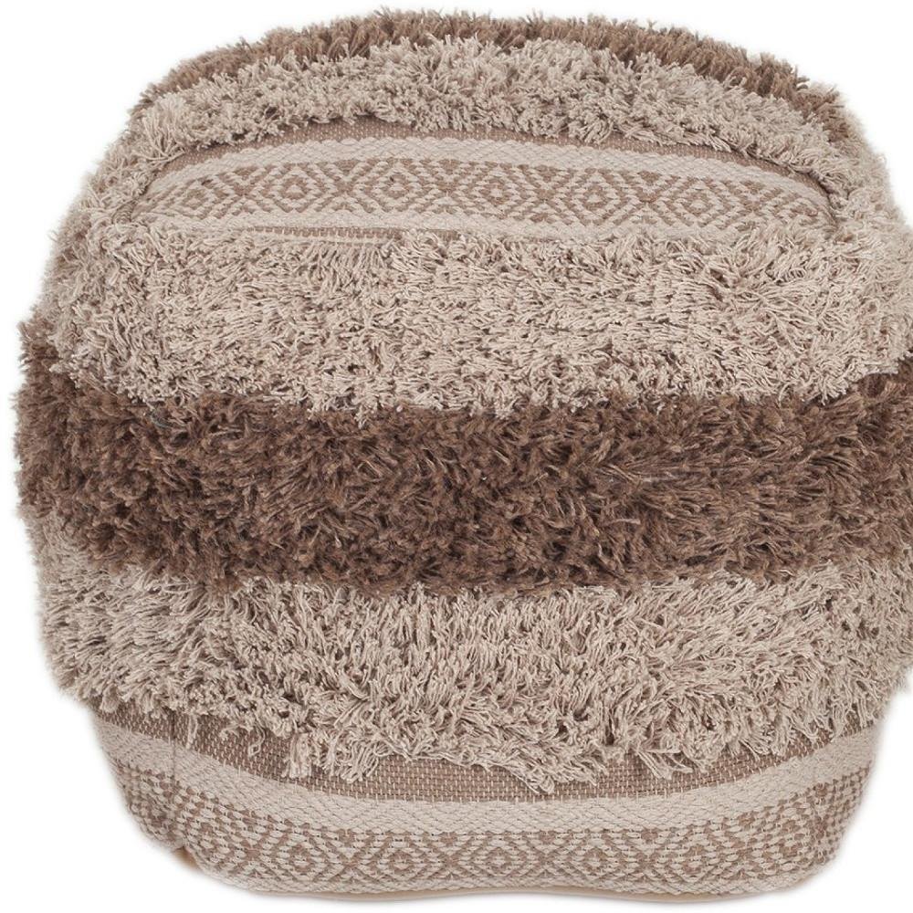 Beige Striped Pouf Ottoman - 18-inch