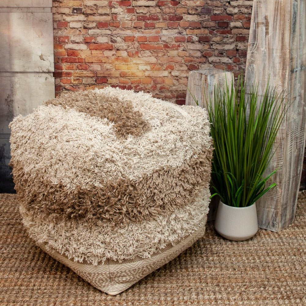 Beige Striped Pouf Ottoman - 18-inch