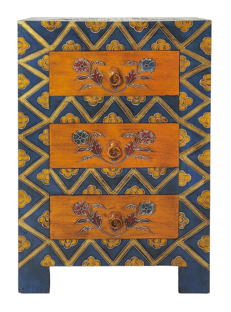 Blue and Brown Hand Painted Wood Accent Cabinet with Three Drawers - 20-inch