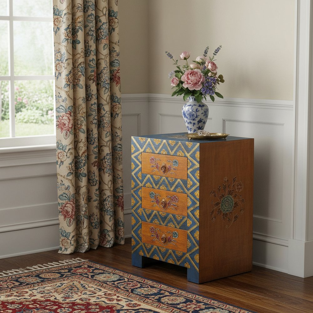 Blue and Brown Hand Painted Wood Accent Cabinet with Three Drawers - 20-inch