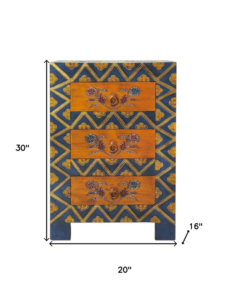 Blue and Brown Hand Painted Wood Accent Cabinet with Three Drawers - 20-inch