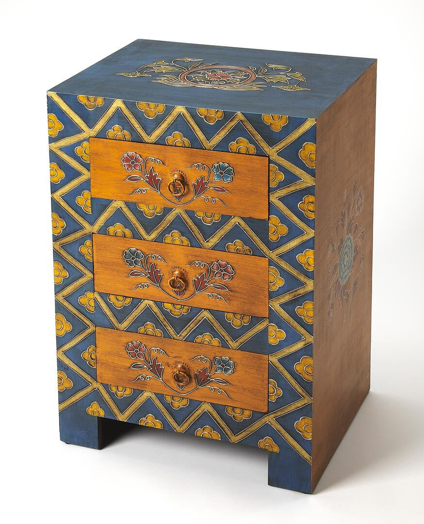 Blue and Brown Hand Painted Wood Accent Cabinet with Three Drawers - 20-inch