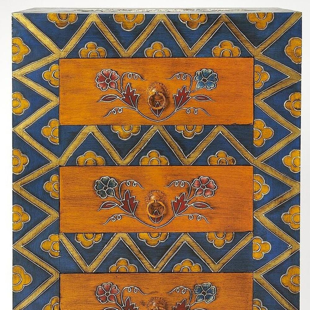 Blue and Brown Hand Painted Wood Accent Cabinet with Three Drawers - 20-inch