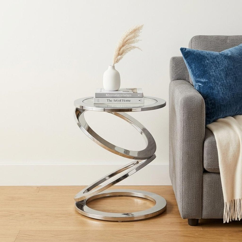 Silver and Clear Glass and Aluminum Round Abstract End Table - 17-inch