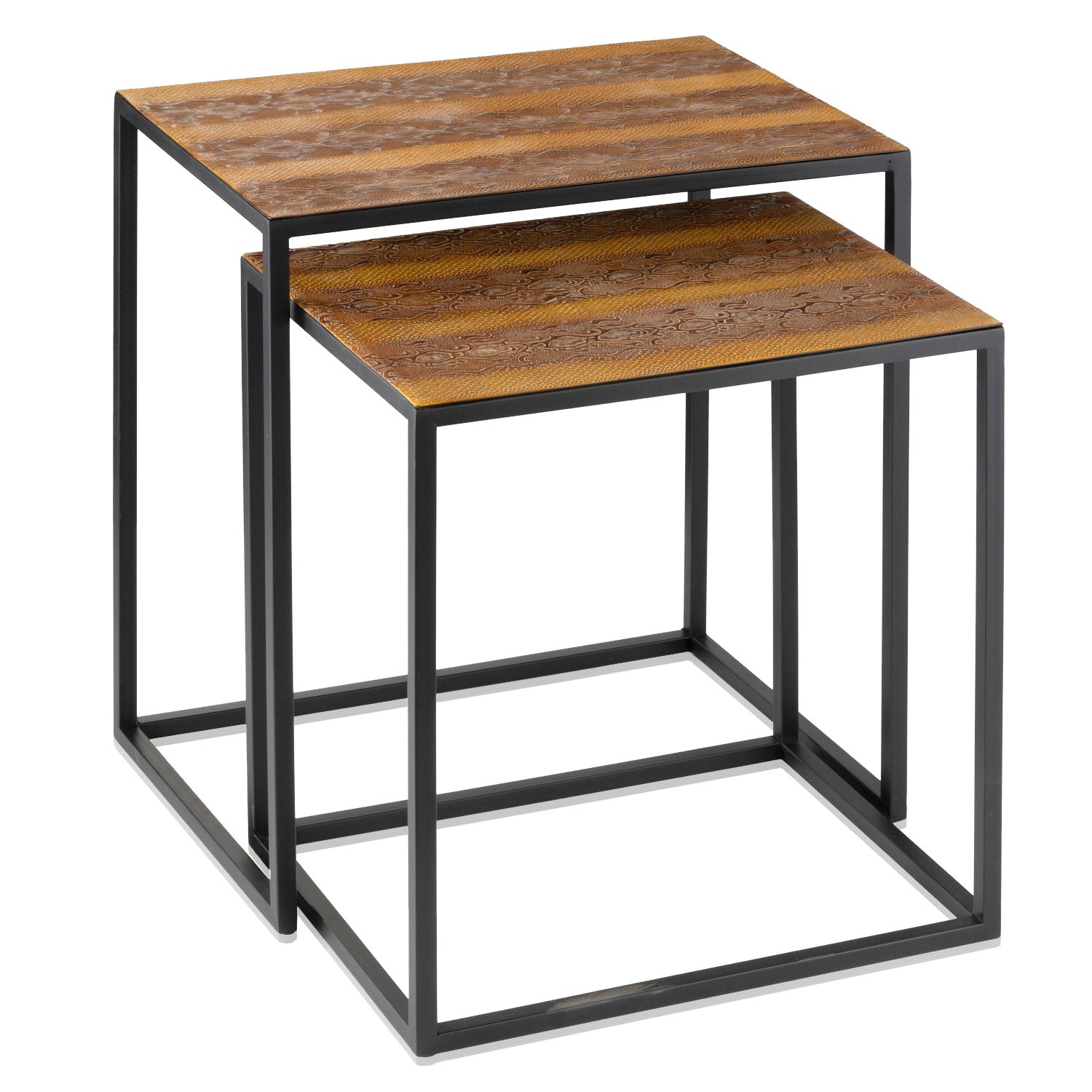 Set of Two Brown and Black Metal and Faux Snake Leather Nesting End Tables