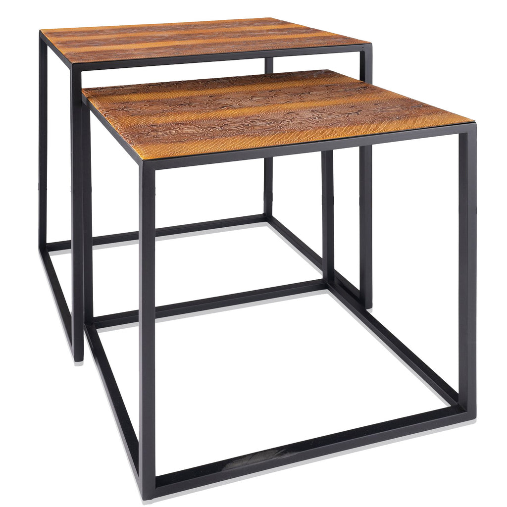 Set of Two Brown and Black Metal and Faux Snake Leather Nesting End Tables