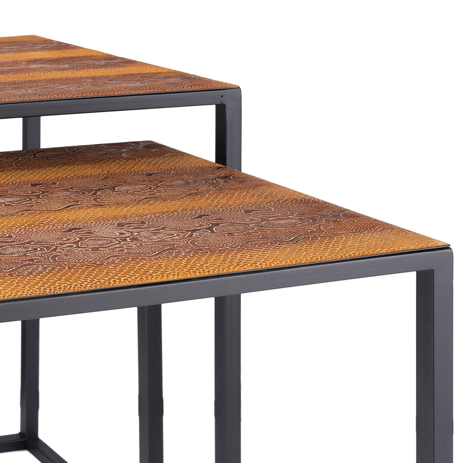 Set of Two Brown and Black Metal and Faux Snake Leather Nesting End Tables
