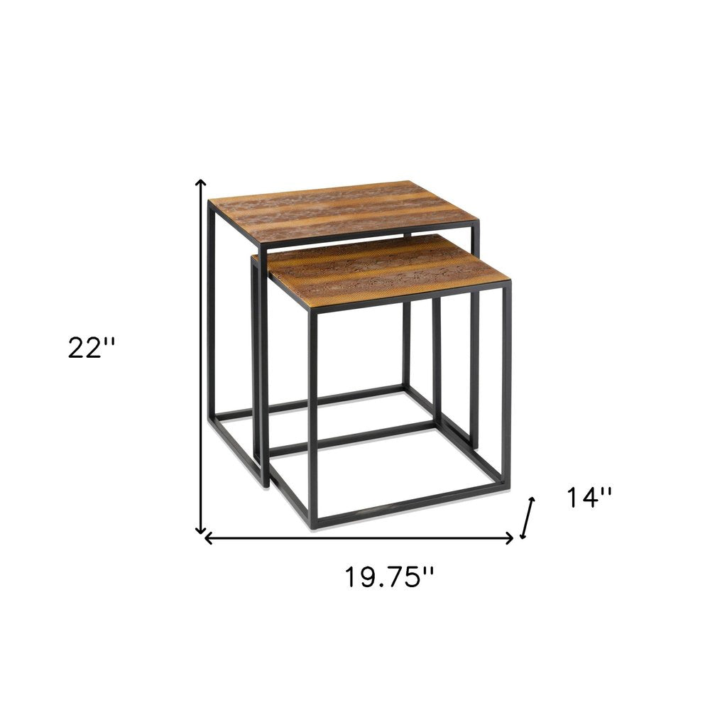 Set of Two Brown and Black Metal and Faux Snake Leather Nesting End Tables