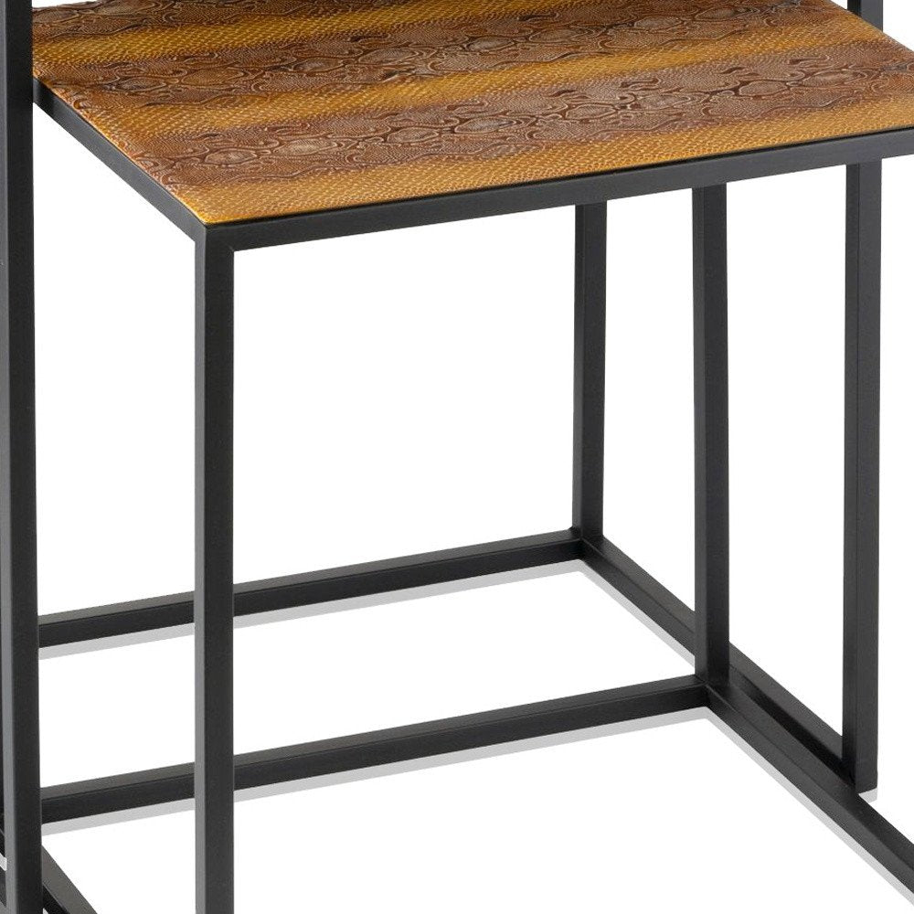 Set of Two Brown and Black Metal and Faux Snake Leather Nesting End Tables