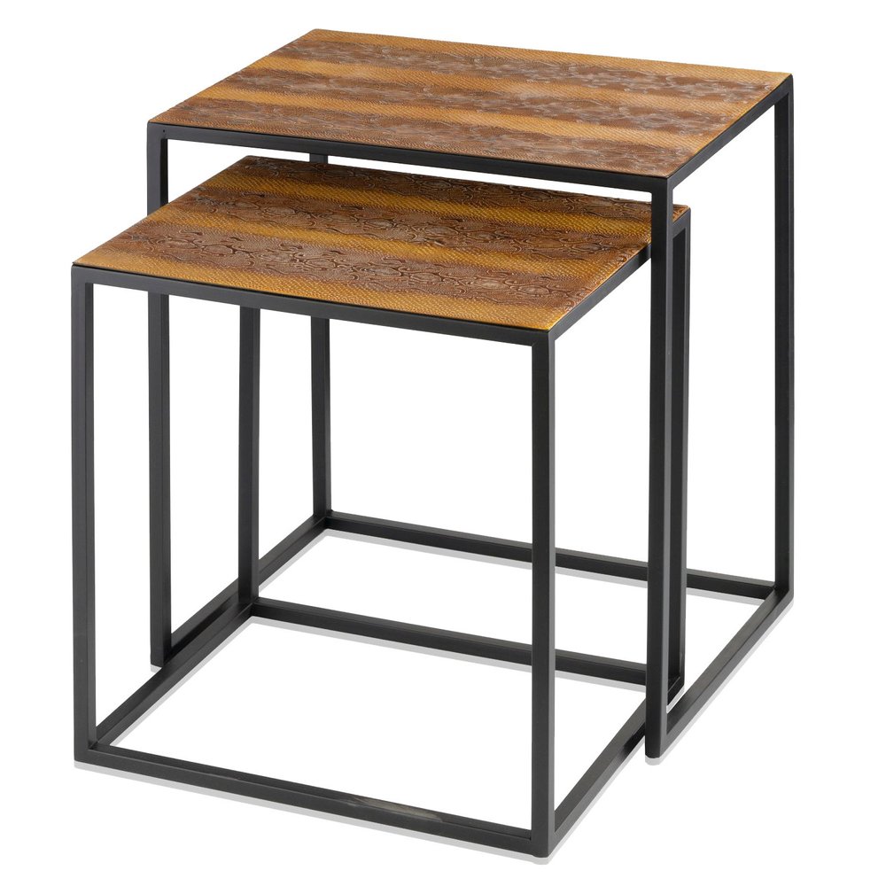 Set of Two Brown and Black Metal and Faux Snake Leather Nesting End Tables